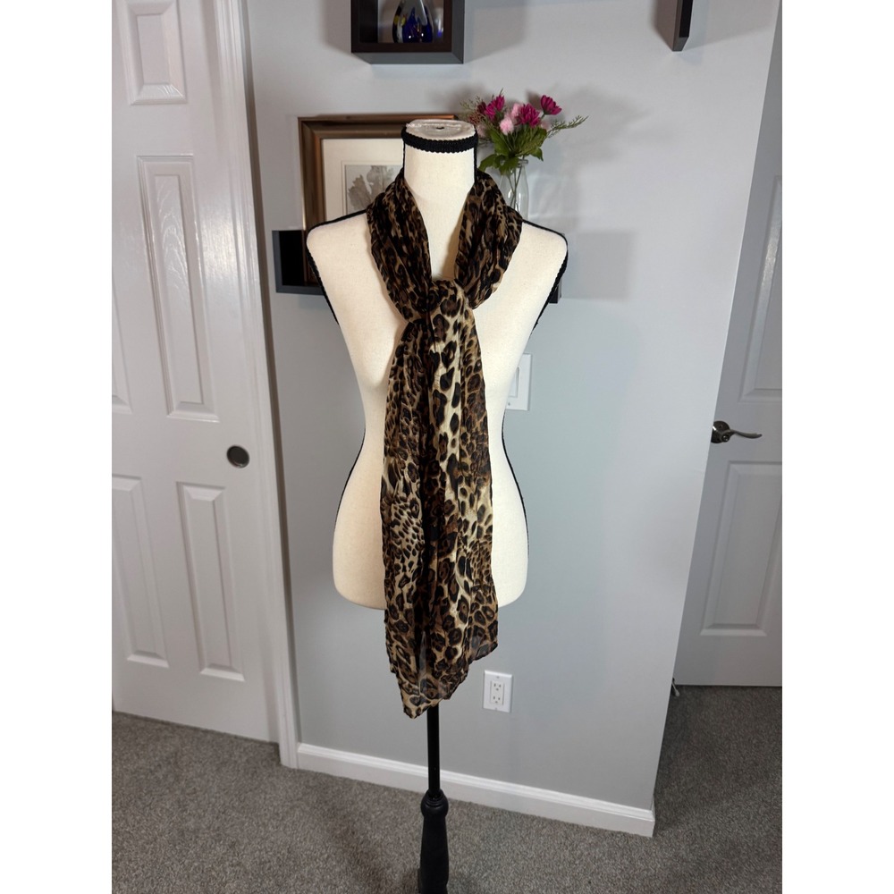 Womens Leopard Print Sheer Crinkle Scarf Brown Black Animal Pattern Lightweight